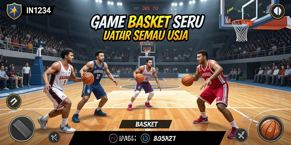 Tampilan antarmuka game Basket IN1234 saat pertandingan berlangsung.