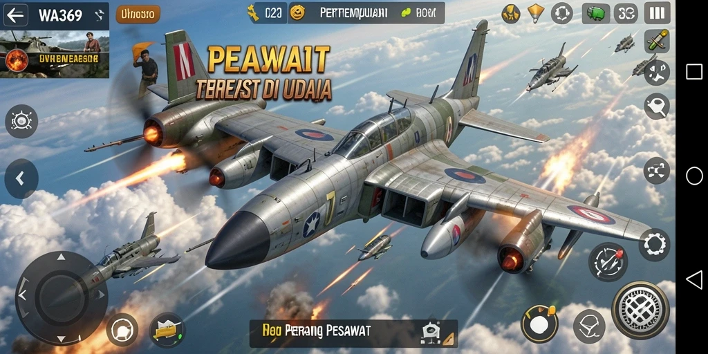 Antarmuka permainan WA369 yang menampilkan aksi pesawat tempur di langit.