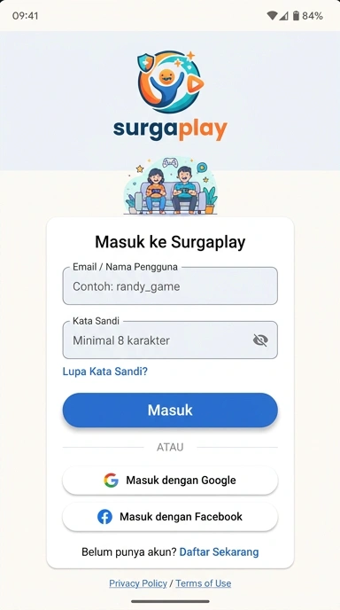 Tampilan halaman login surgaplay